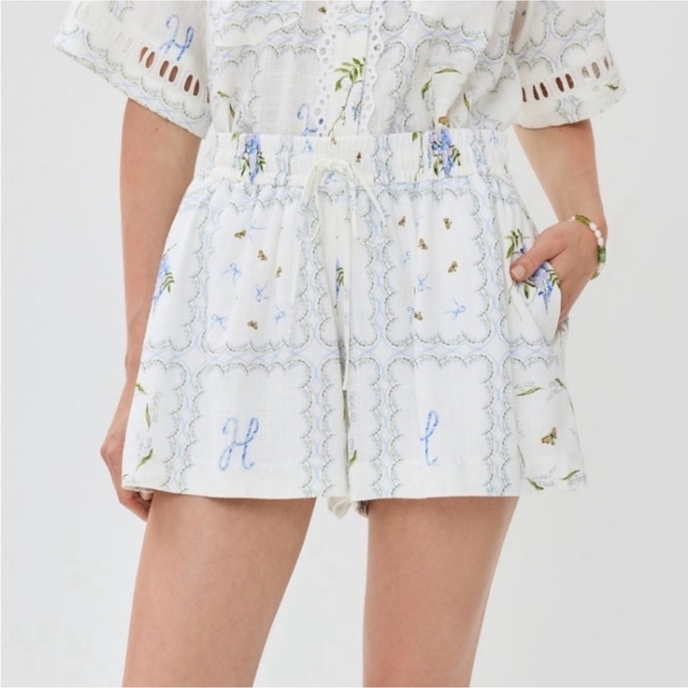 Hill House Audrey Pull-On Blue Floral Patchwork Linen Blend Shorts XXS